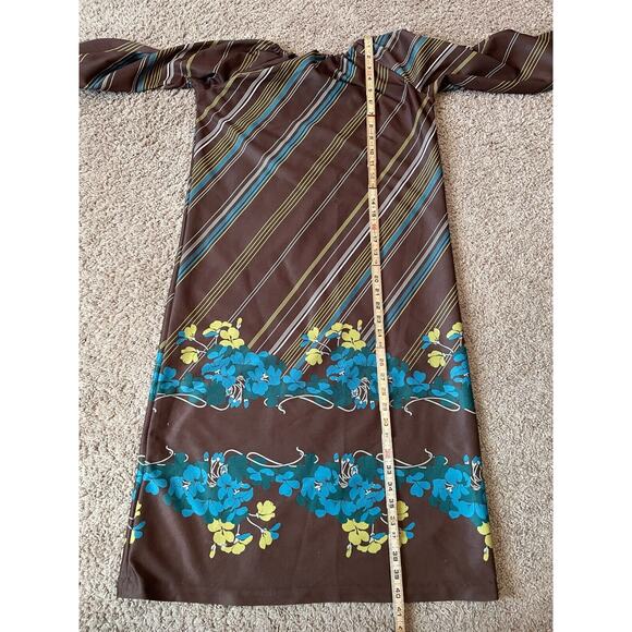 Vintage Boho Dress Size Medium Floral Brown Blue Off Shoulder 70s Retro Hippie - Picture 15 of 16